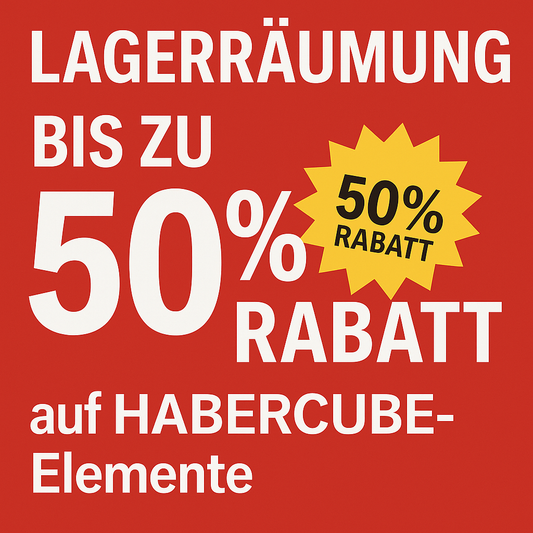 Lagerräumung bei SAUNAEXPERT – Bis zu 50 % Rabatt auf HABERCUBE-Elemente und viele weitere Artikel. Großes rotes Sale-Banner mit gelber Rabatt-Plakette, klarer Text und deutlicher Hinweis auf den Rabatt.