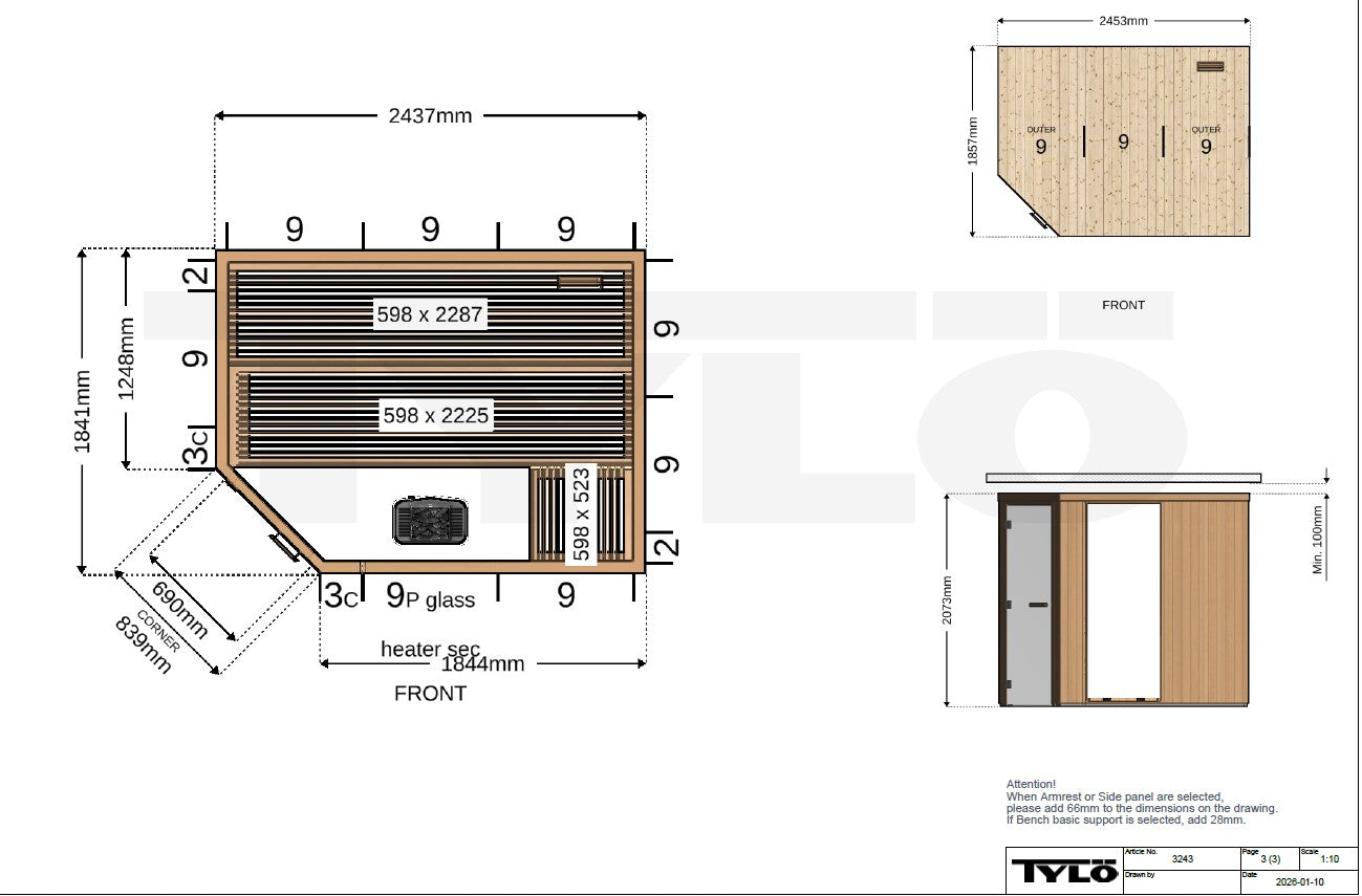 Tylö Corner Sauna 244×184×207 cm | Bronze-Glas, Thermo Aspen | Ofen SENSE SPORT 8