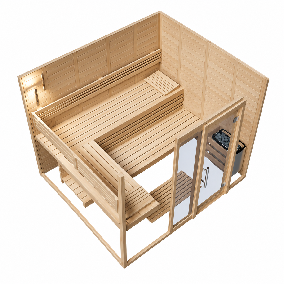Sauna LAHTI 2 mit Ganzglastür & Seitenteil – 208 × 208 cm