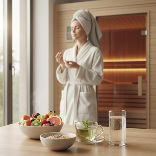 Frau im weißen Bademantel und Handtuch steht entspannt vor einer Sauna und trinkt Tee. Auf dem Tisch davor liegen frische Früchte, Haferflocken, eine Glaskanne mit Tee und ein Glas Wasser. Warmes Licht, natürliche Farben und ruhige Wellness-Atmosphäre.
