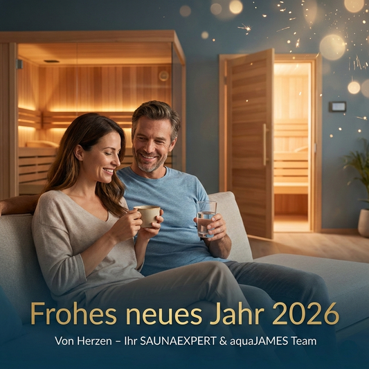 Neujahrsgrußkarte 2026: Ein entspanntes Paar sitzt lächelnd auf einem hellen Sofa in einem modernen Wohnraum