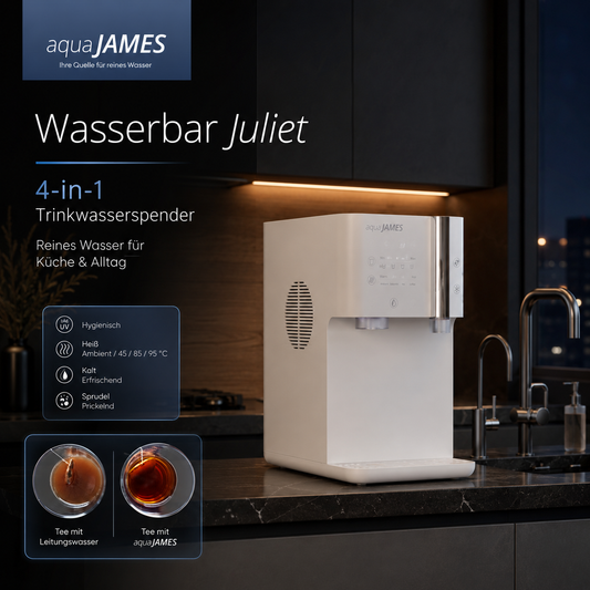 aquaJAMES Wasserbar Juliet in dunkler Premium-Küche mit warmem Licht und Funktionen für heißes, gekühltes, stilles und sprudelndes Wasser