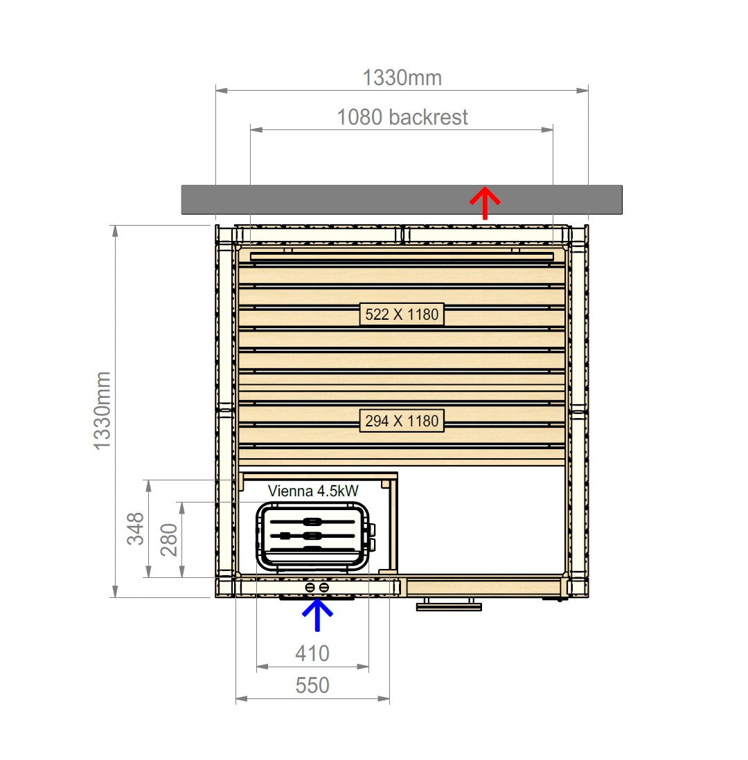 Helo Hanko S Saunakabine Grundriss mit Maßen und Ofenposition