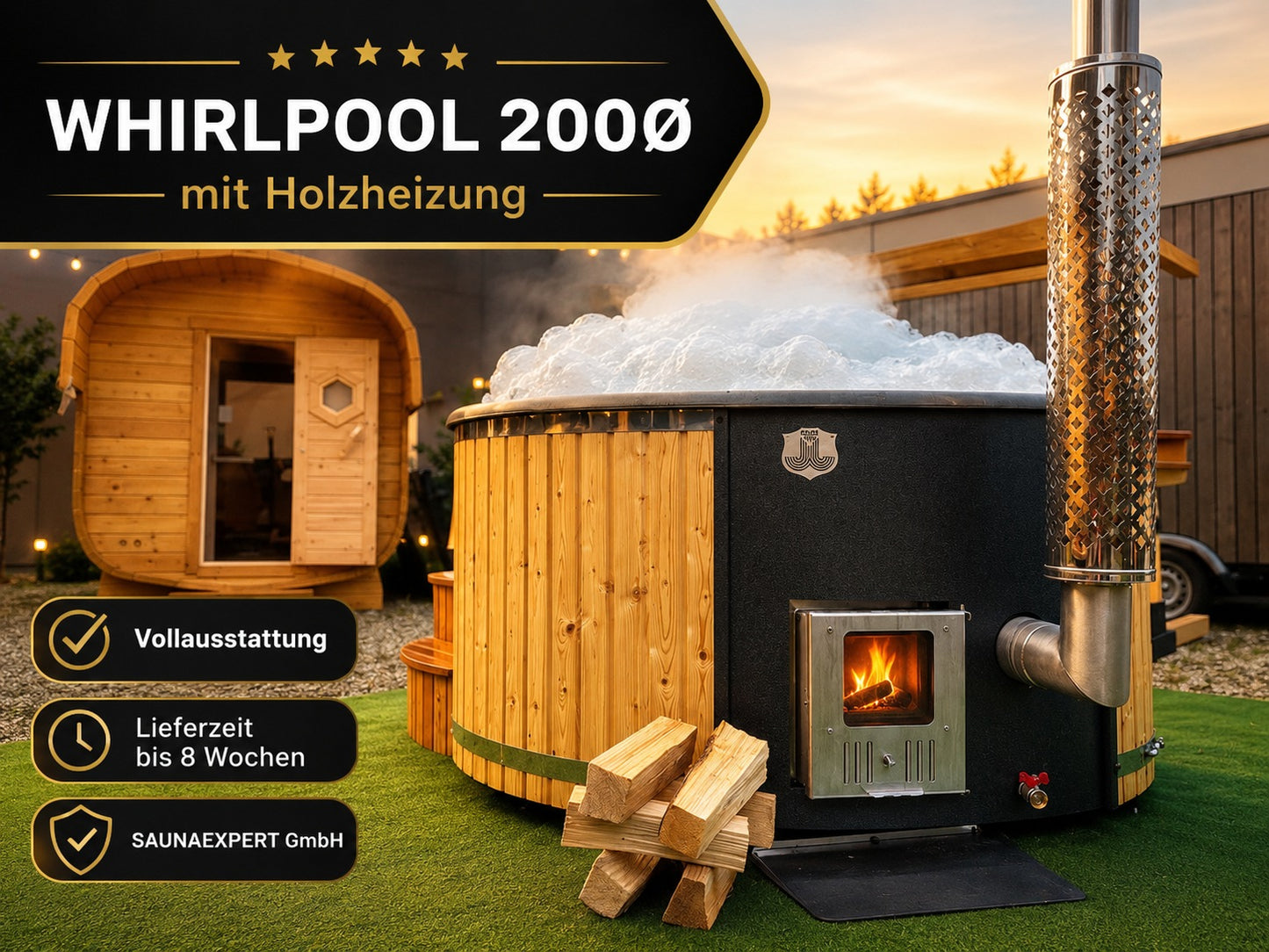 Whirlpool GFK - Badefass - Badezuber Ø200cm mit Holzheizung