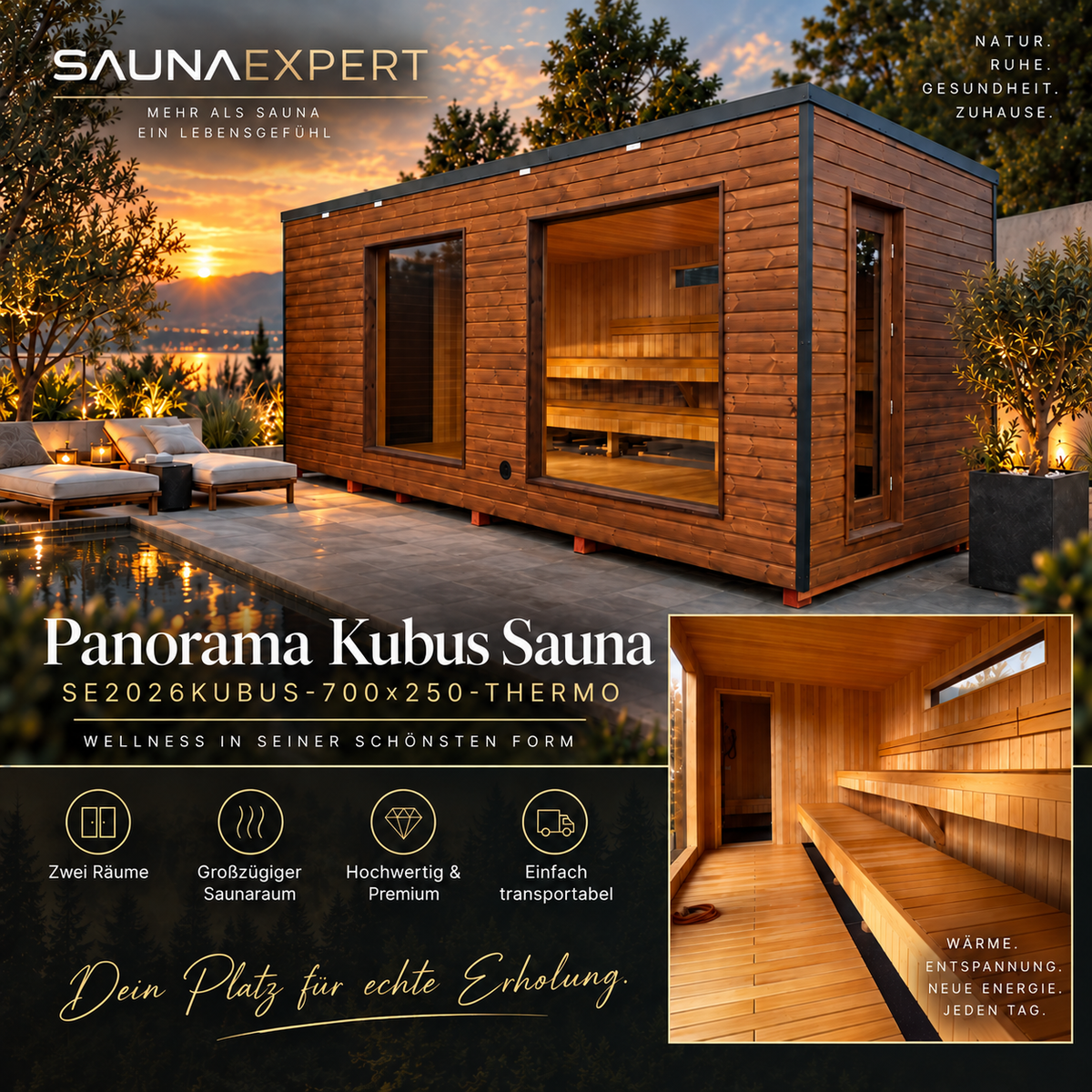 Panorama Kubus Außensauna KUBUS THERMO – 7 × 2,5 m