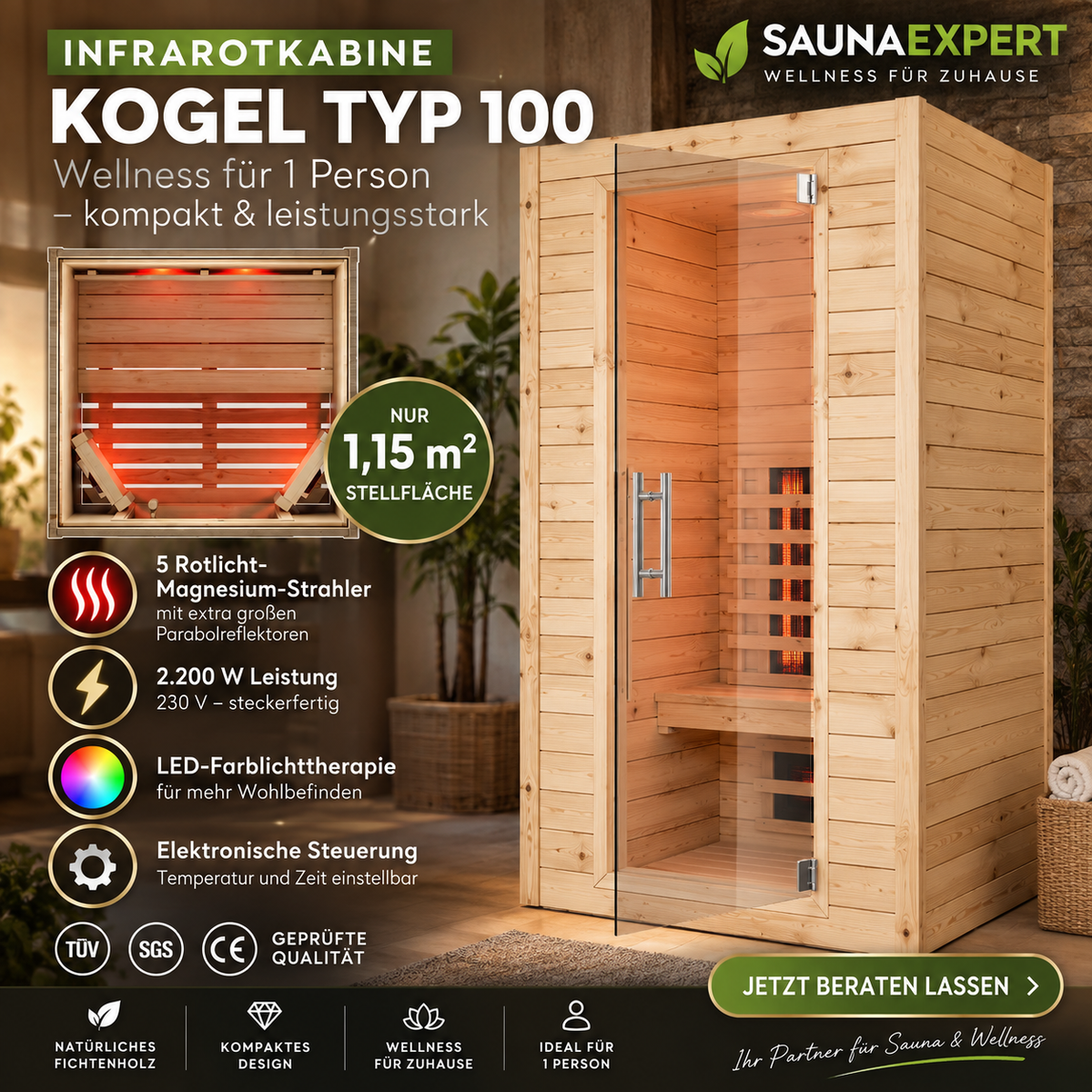 Infrarotkabine Kogel Typ 100 für 1 Person – 2200 W