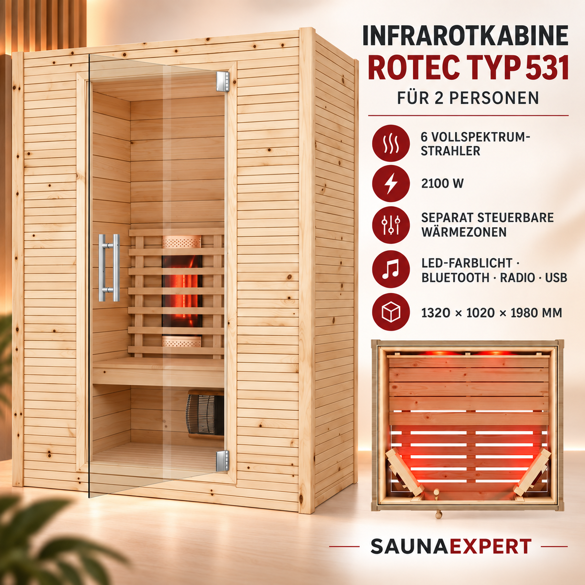 Infrarotkabine ROTEC Typ 531 für 2 Personen – 2100 W