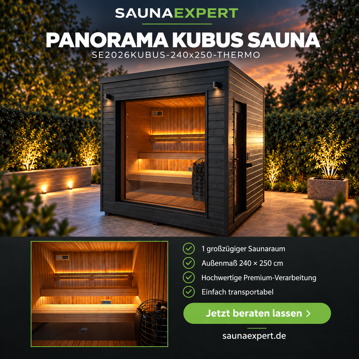 Panorama Kubus Außensauna SE2026KUBUS-240x250-THERMO – 240 × 250 cm