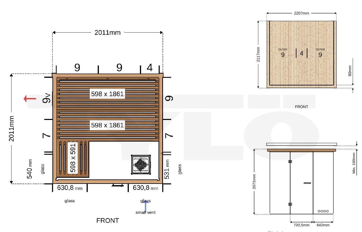 Tylö Glas-Ecksauna 201×201 cm – Thermo Aspen – inkl. CROWN ELITE 10